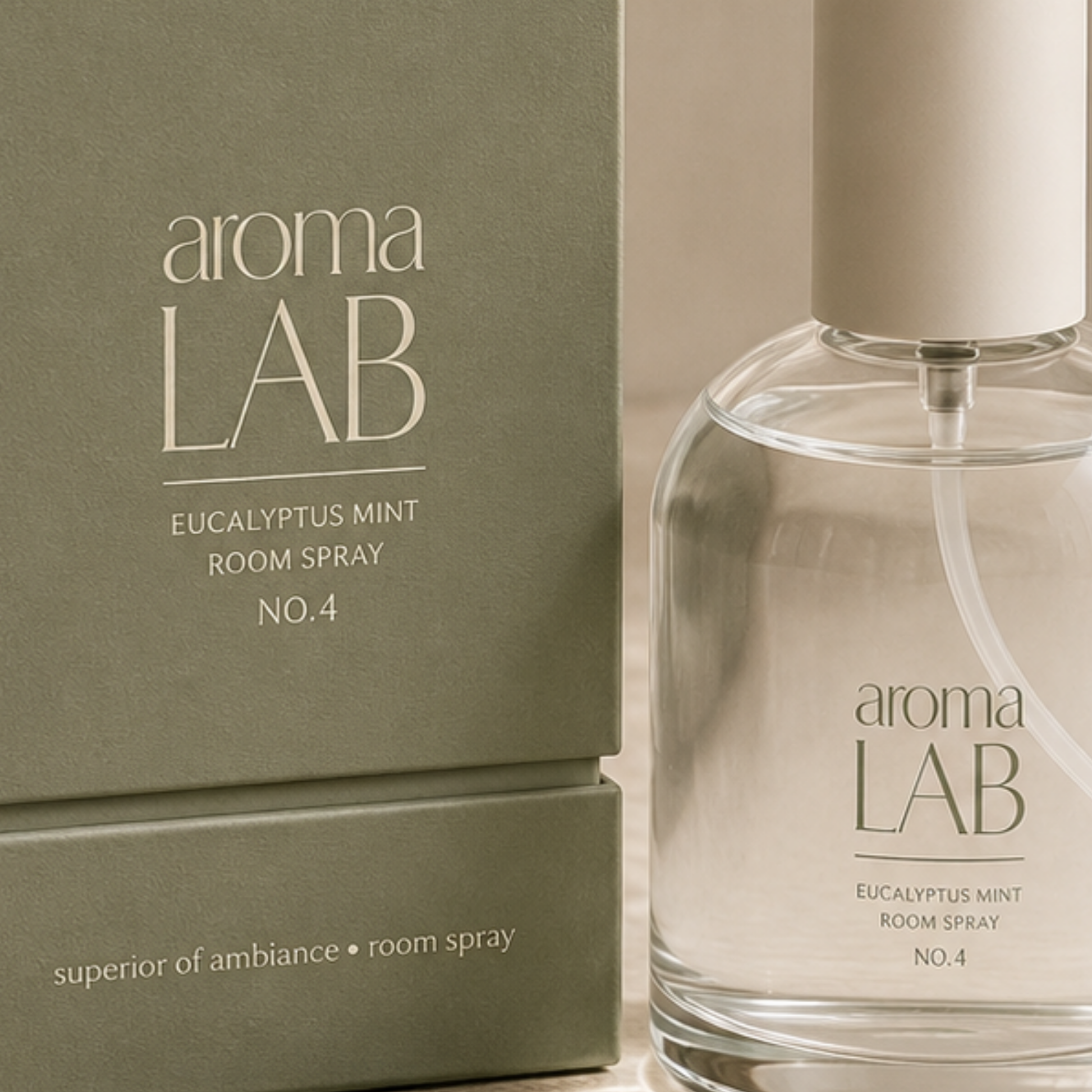Aroma Lab room spray bottle and packaging on a neutral background