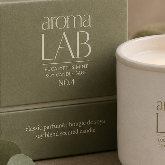 Aroma Lab candle with packaging featuring eucalyptus mint, soy candle, and sage scents.