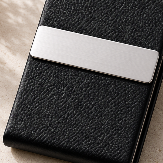 Black leather wallet with a silver metal clasp on a beige surface