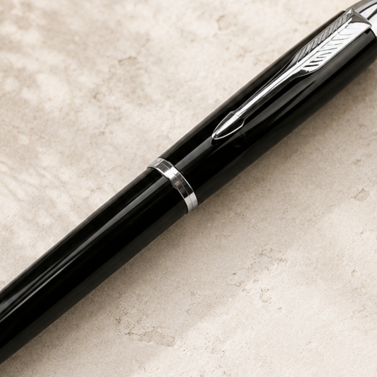 Black pen with silver accents on a beige surface