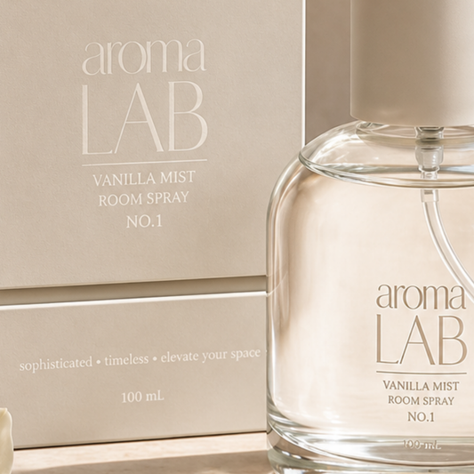Aroma Lab Vanilla Mist room spray with packaging on a neutral background