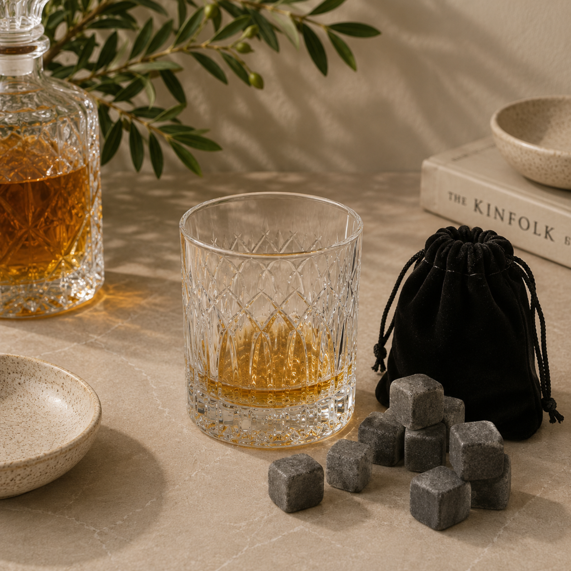 Glass of whiskey with decorative stones on a table with a black drawstring bag and books in the background.