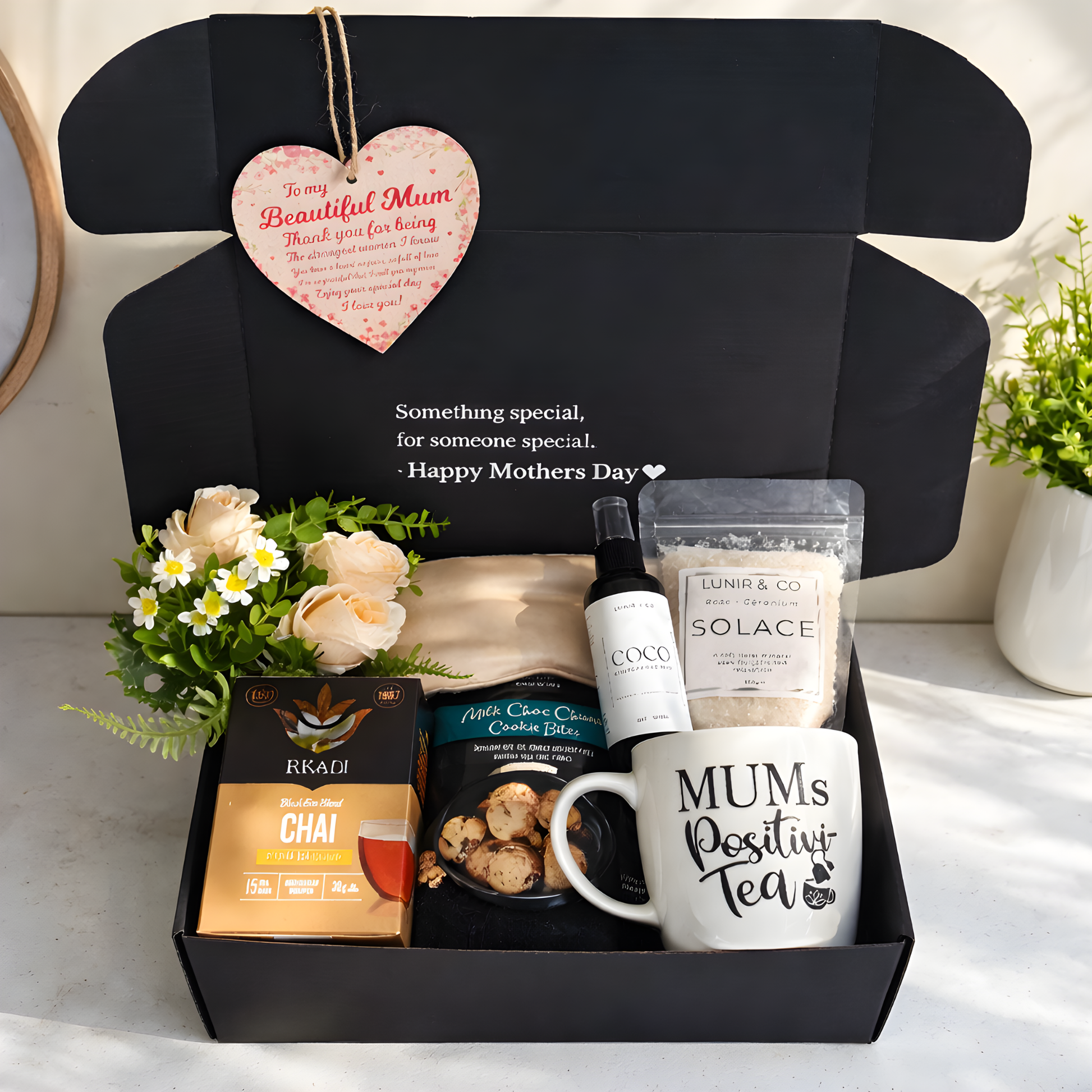 The Evening Ease Mother's Day gift box with SOLACE bath soak, chai tea, cookies and satin eye mask – Lunir & Co Brisbane