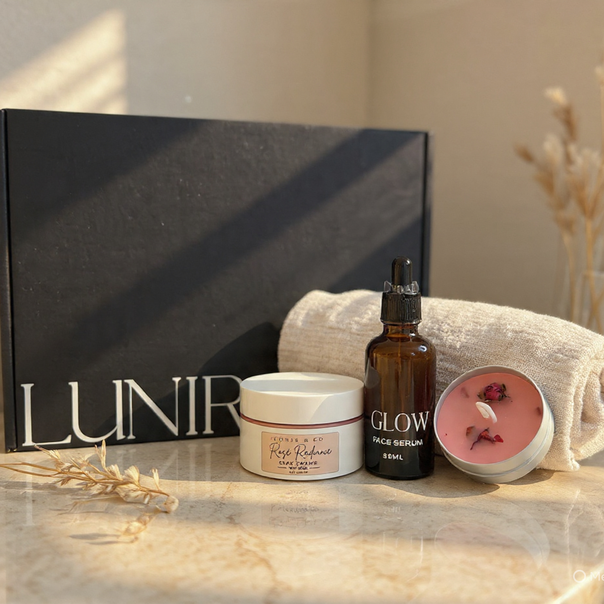 Skincare products including a jar, bottle, and candle on a marble surface with a 'LUNI' box in the background.