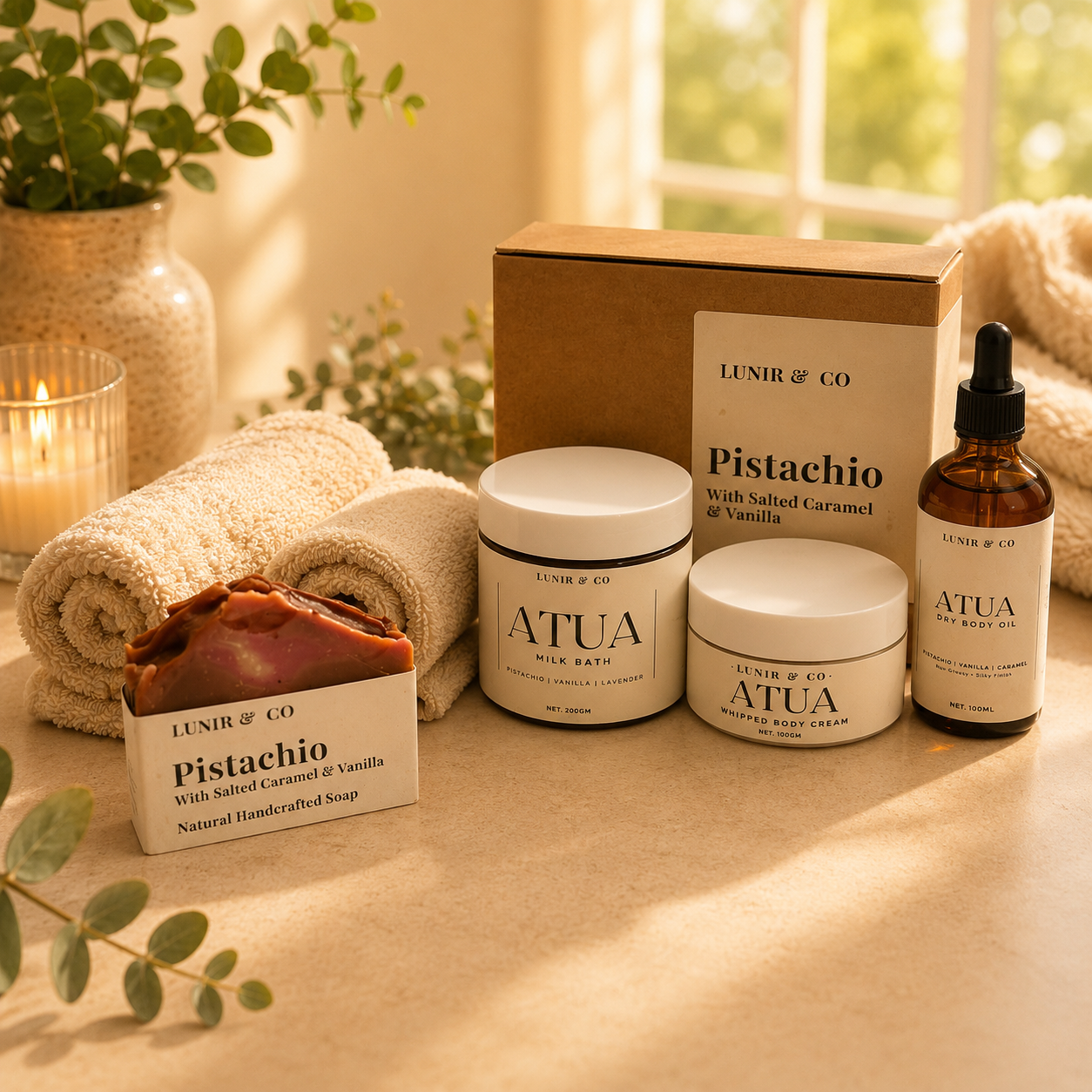 Cosmetic products including jars, a soap bar, and a bottle on a surface with a warm, homey background.