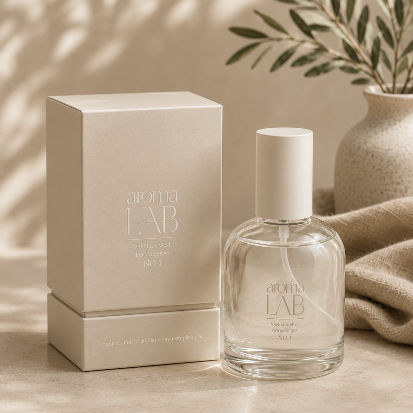 Aroma Lab perfume bottle and packaging on a neutral background with plants.