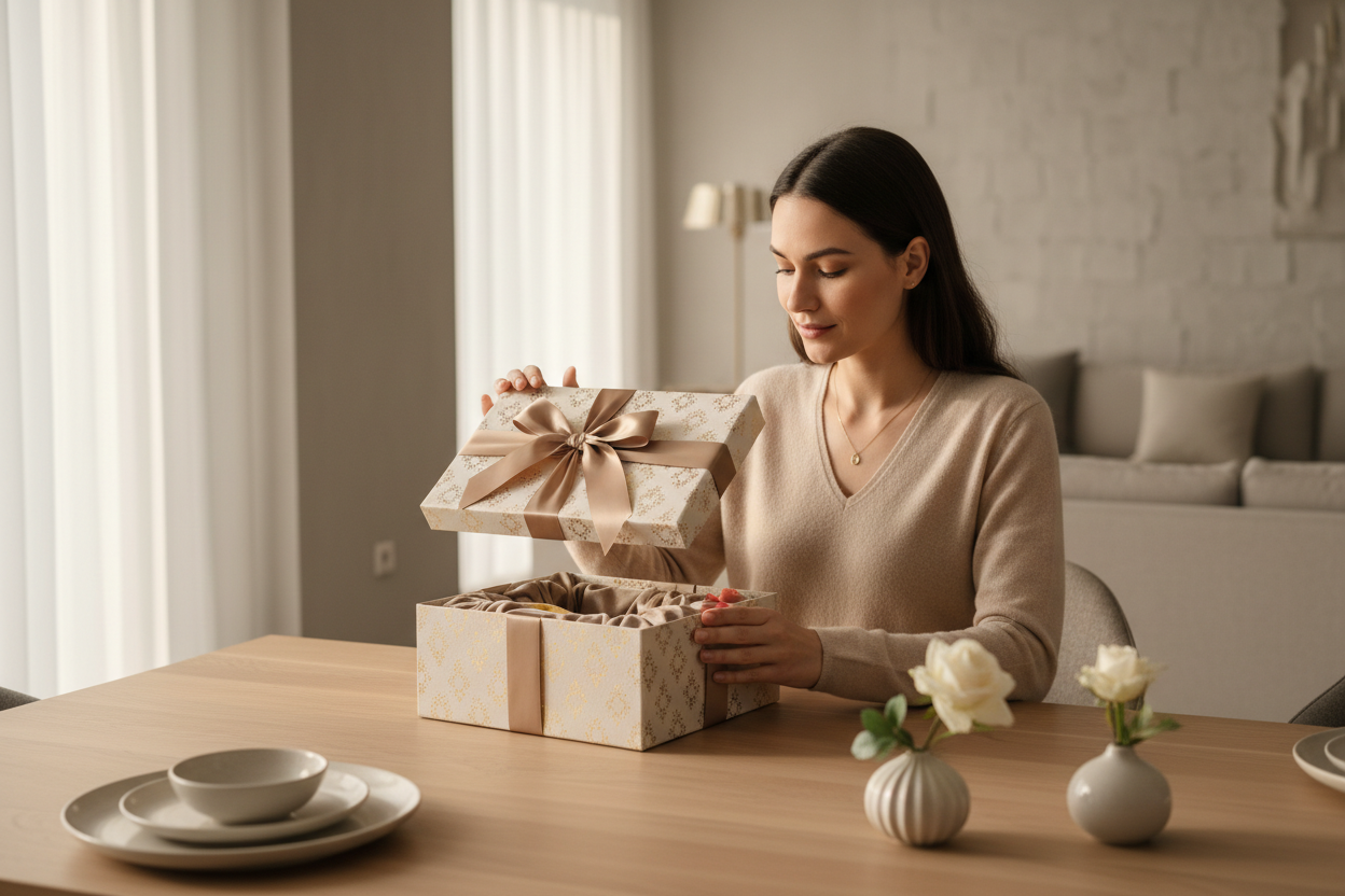 Woman opening a gift box on a wooden table with decorative items.