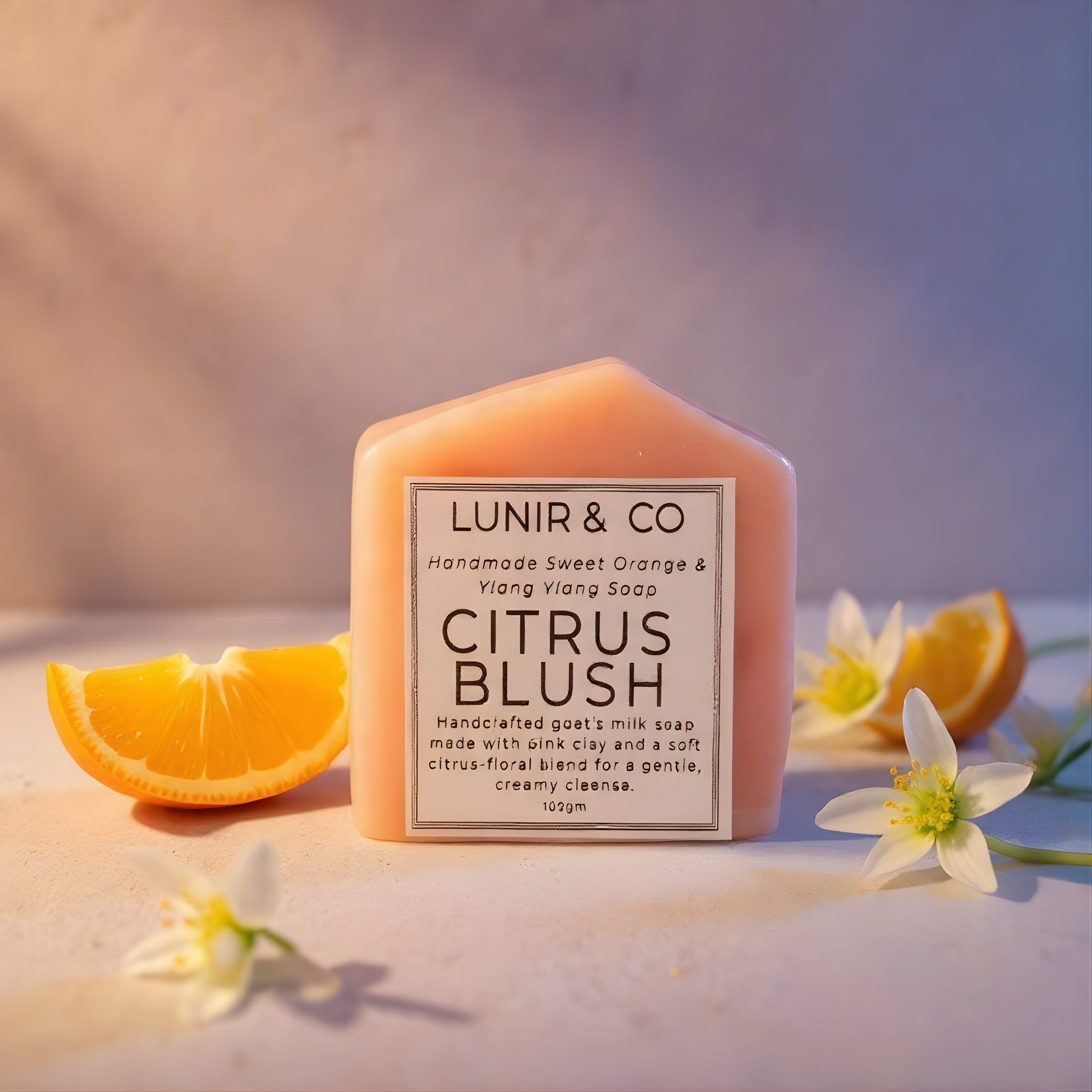LUNIR & CO Citrus Blush soap with orange slices and flowers on a soft background
