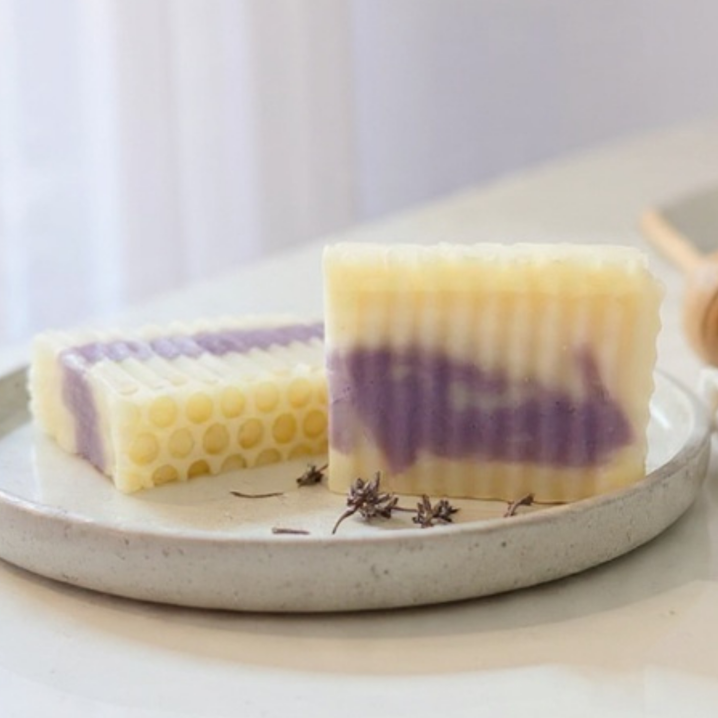Two bars of soap with a honeycomb pattern on a white plate.