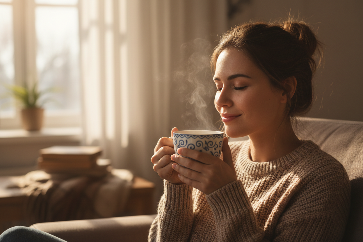Lady drinking a cup of tea from a white mug with blue patterns on it enjoying the drink