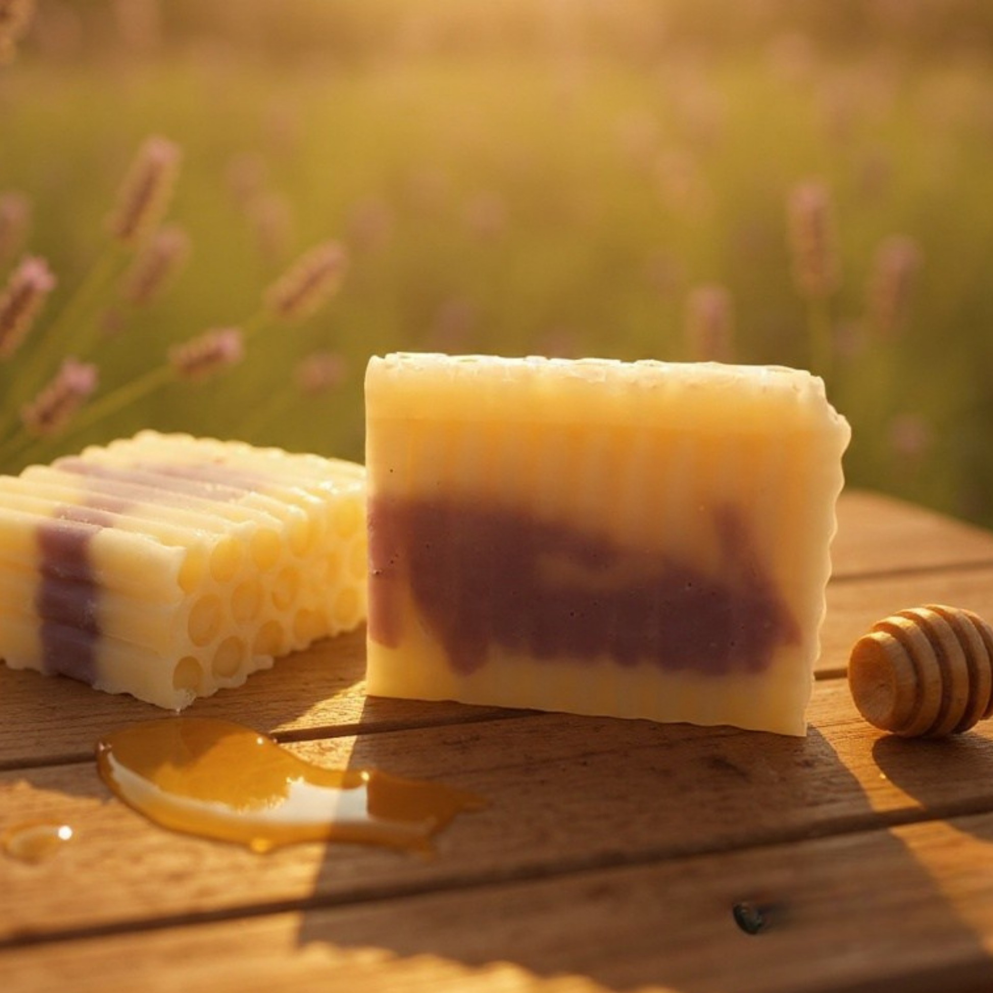 Two bars of soap with honeycomb texture on a wooden surface with lavender in the background.