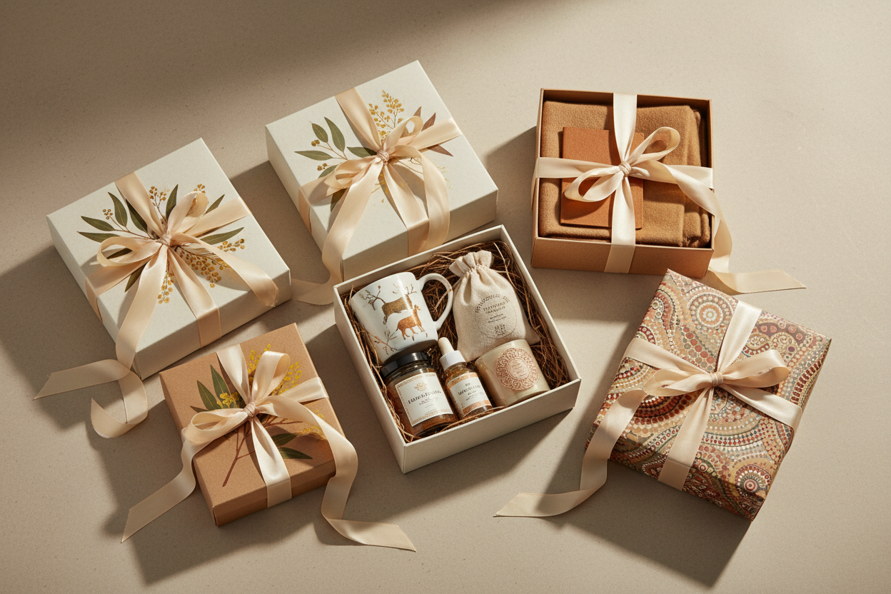 Collection of gift boxes with decorative ribbons on a beige surface