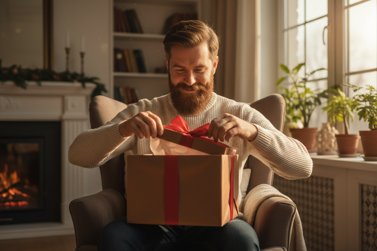 Man opening a gift box in a cozy living room with a fireplace and plants.