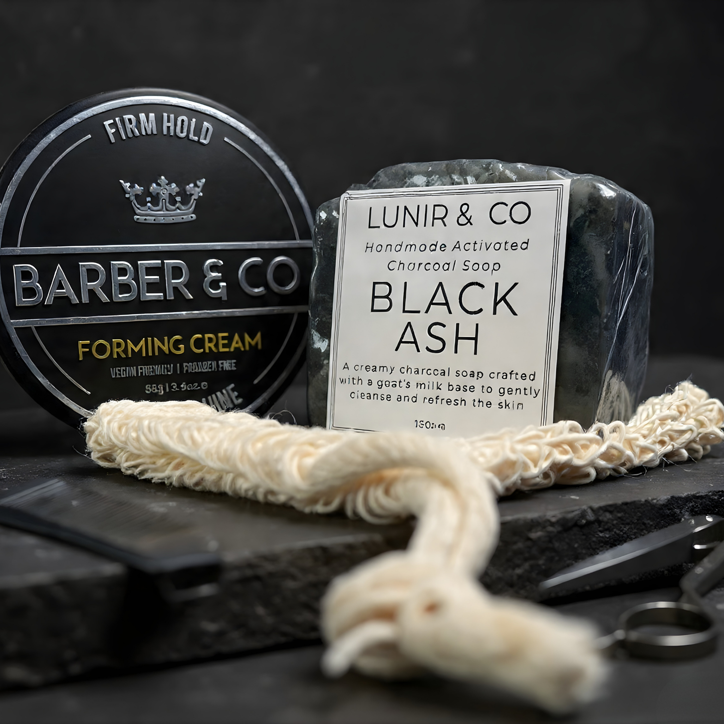 Collection of Jack the Barber grooming products on a marble surface.