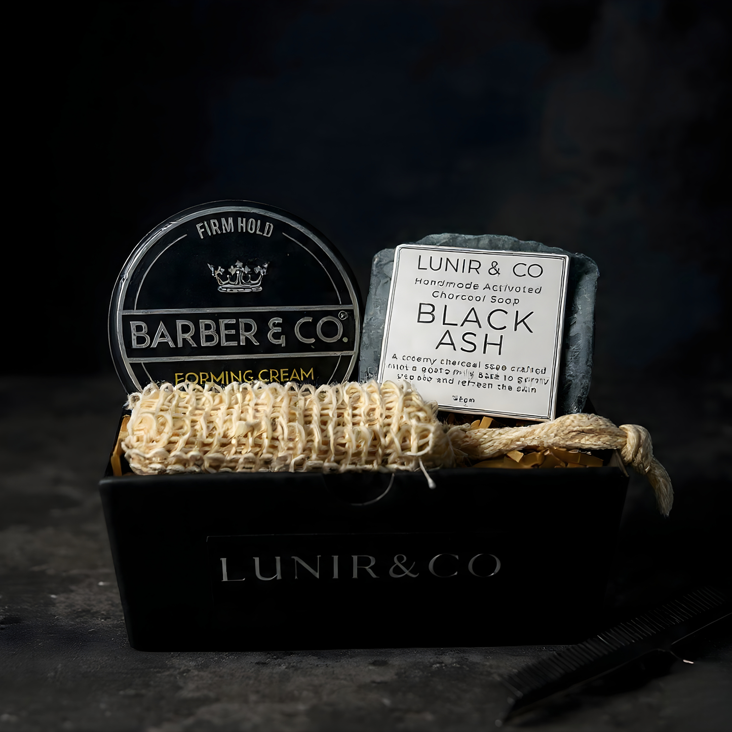 Barber & Co. products including a soap, cream, and black ash product on a dark background.