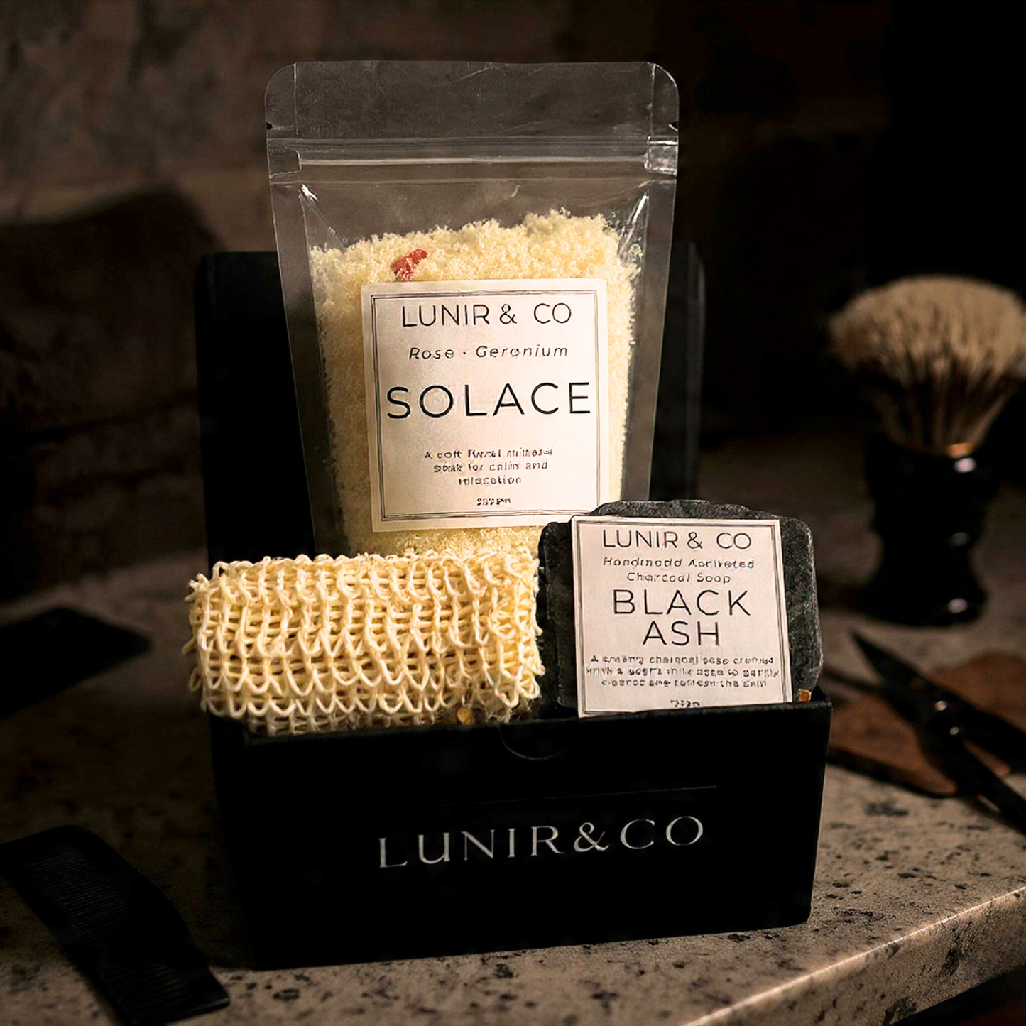 LUNIR & CO products including a bar of soap and a package labeled 'Solace' on a dark background.