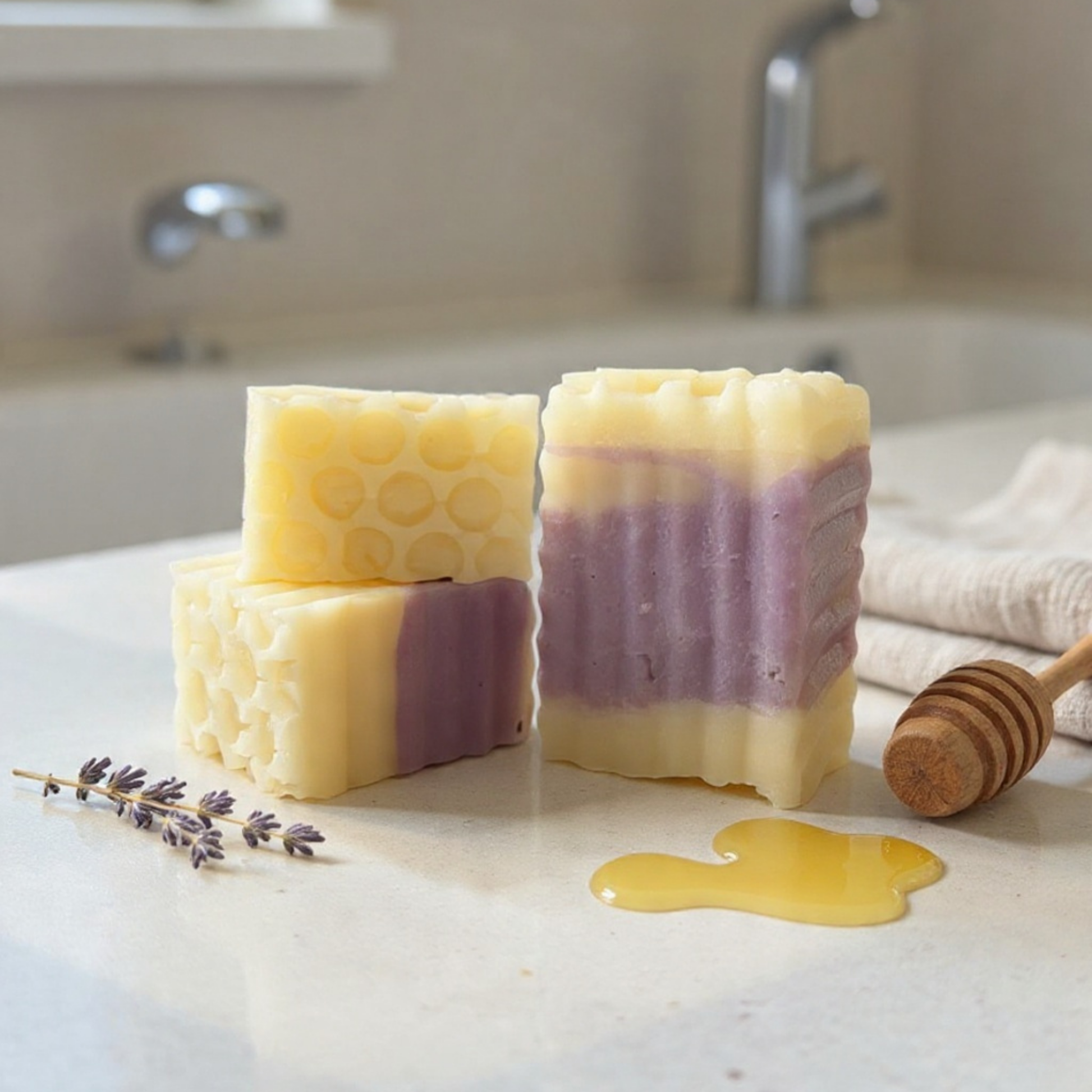Two stacked soap bars with honeycomb texture on a bathroom counter, surrounded by lavender and honey.