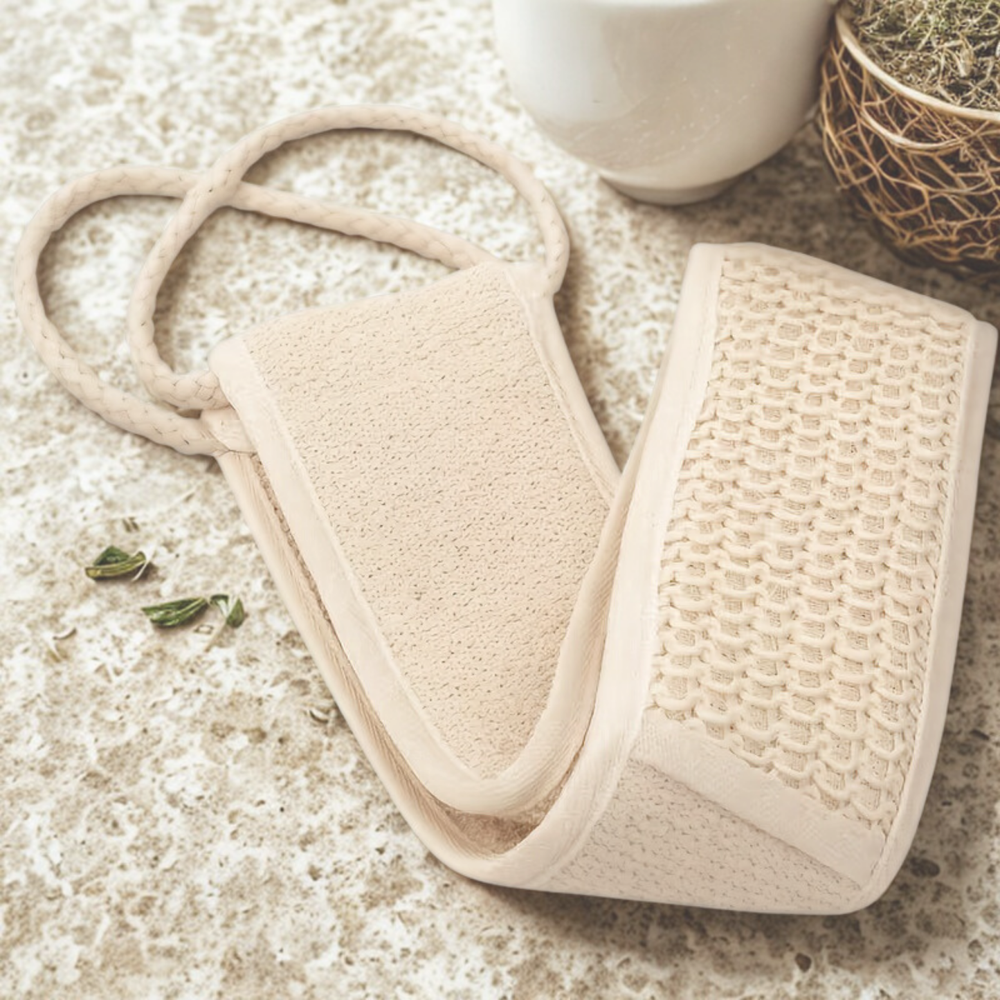 Beige bath mitt and scrubber on a textured surface with a cup in the background