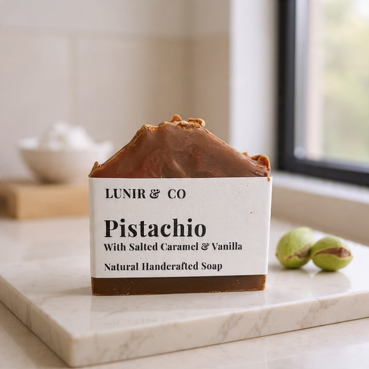 Handcrafted soap bar with 'LUNIR & CO' branding on a marble surface.