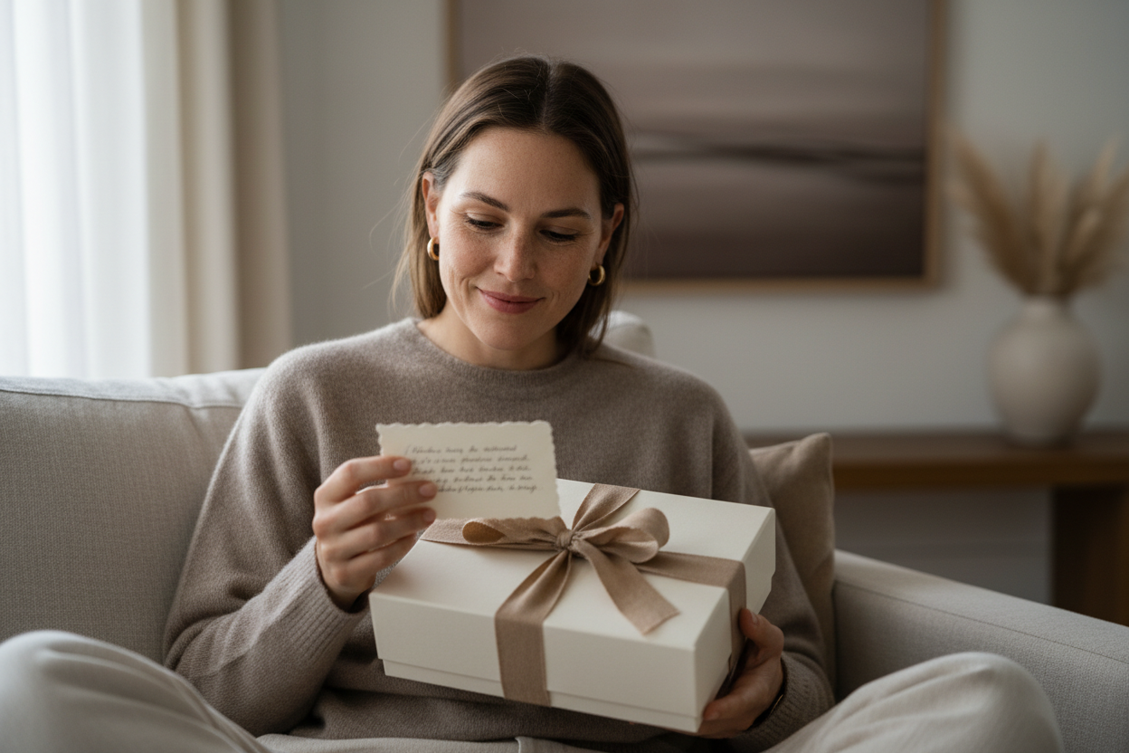 Woman opening a gift box with a card on a couch in a cozy living room.