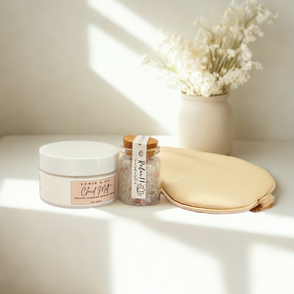 cloiur melt Sugar Scrub, satin eye mask, relax foot soak
