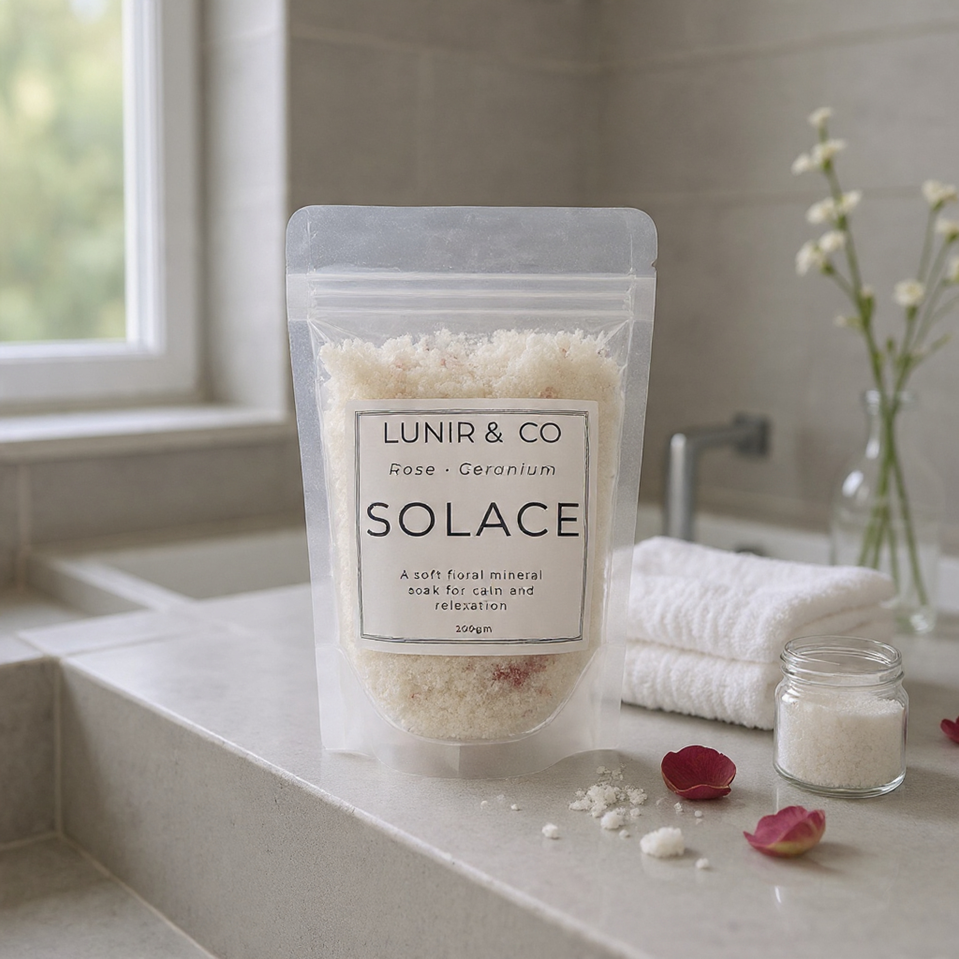 Packaged product labeled 'LUNIR & CO Solace' on a bathroom counter with towels and flowers.