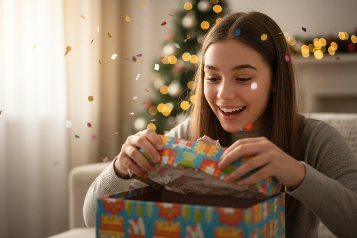 Young woman opening a colorful gift box with festive lights in the background